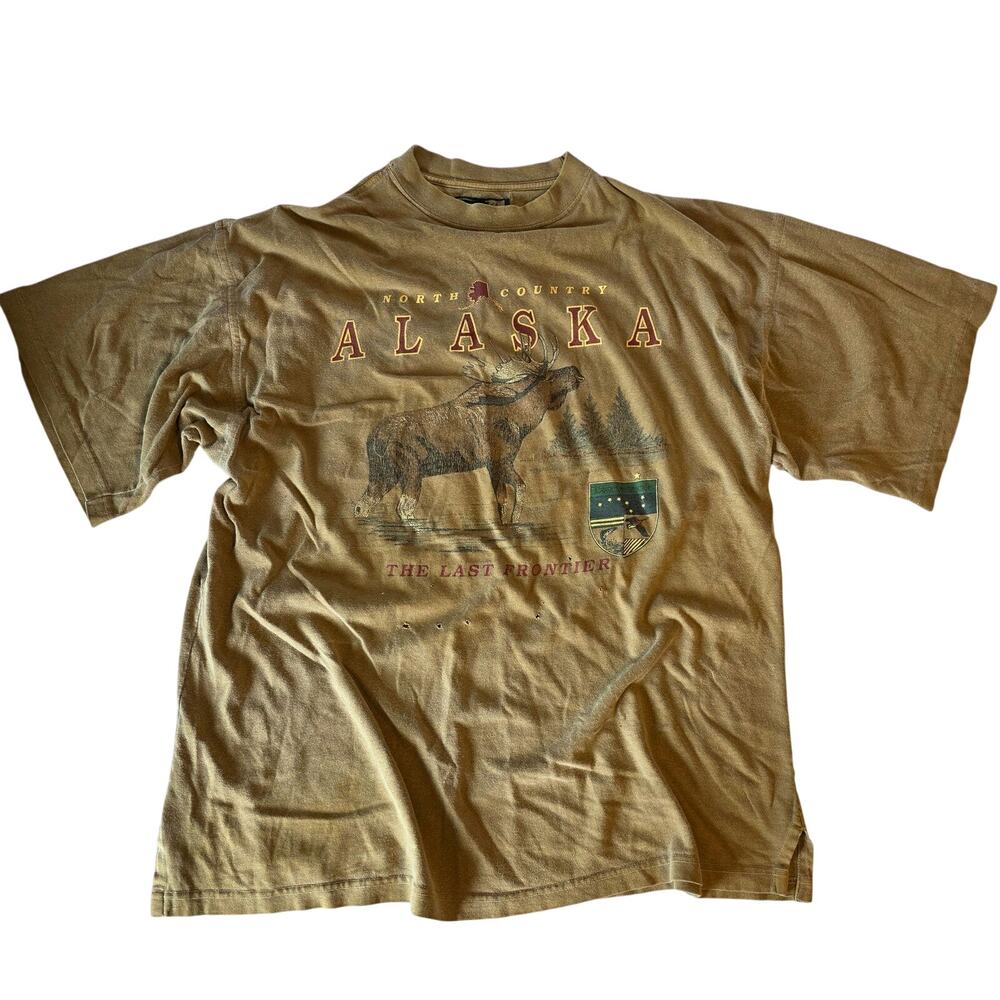 Vintage Alaska The Last Frontier Moose Graphic T-Shirt XL‎ Tan Distressed
